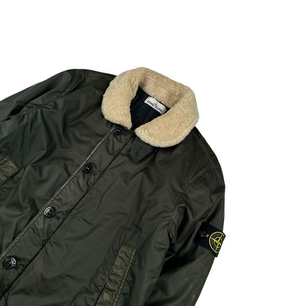 Stone Island 2015 Dark Green Mussola Gommata Sherling Flight Jacket - Medium