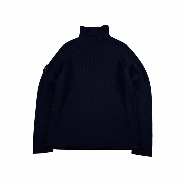 Stone Island Navy Wool Ribbed Zipped Neck Knit Jumper - Medium