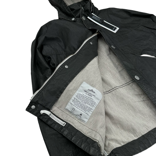 Stone Island 2024 Black Raw Plated Linen Marina Spellout Zipped Jacket - Large