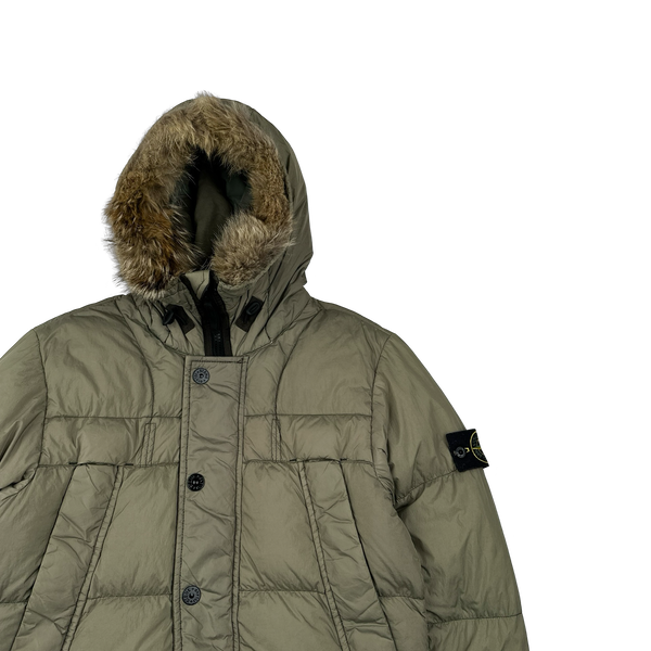 Stone Island 2015 Fur Trim Brown Crinkle Reps Puffer Jacket - Medium