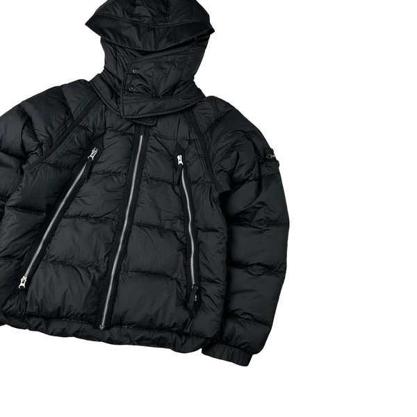 Stone Island 2005 Black Silver Zip Down Filled Mesh Badge Jacket - Medium