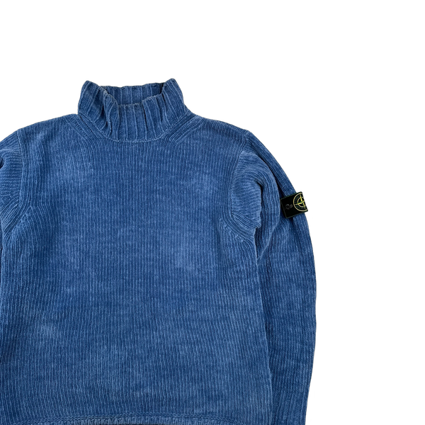 Stone Island 2001 Blue Chenille Knit Vintage Roll Neck Jumper - Large