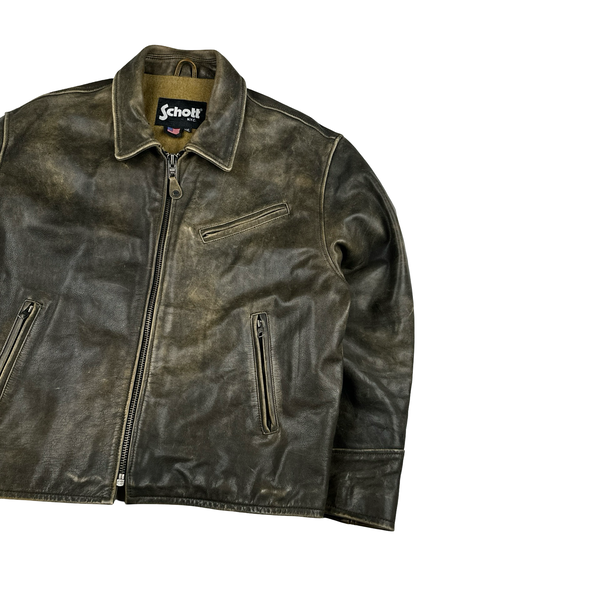Schott Brown Cowhie Cuir Vachette Leather Zipped Collar Jacket - XXL