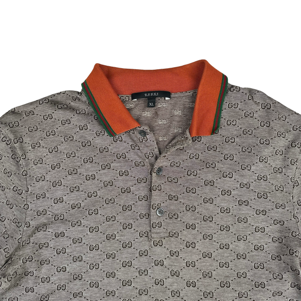 Gucci Monogram Stripe Collar Short Sleeve Buttoned Polo Shirt - Large