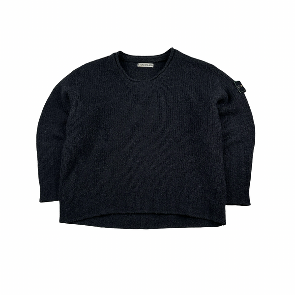 Stone Island 1998 Grey Low Neck Green Edge Knitted Wool Jumper - Large