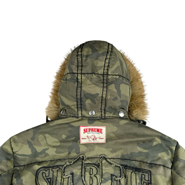 Supreme X True Religion Green Camo Contrast Stitch Pocket Puffer Fur Hood Jacket - Large
