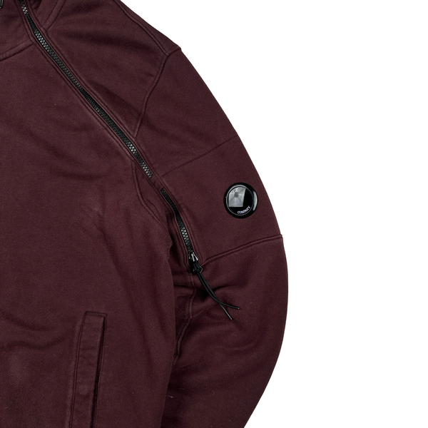 CP Company Burgundy Hooded Diagonal Zipped Cotton Lens View Zip Up - XXL