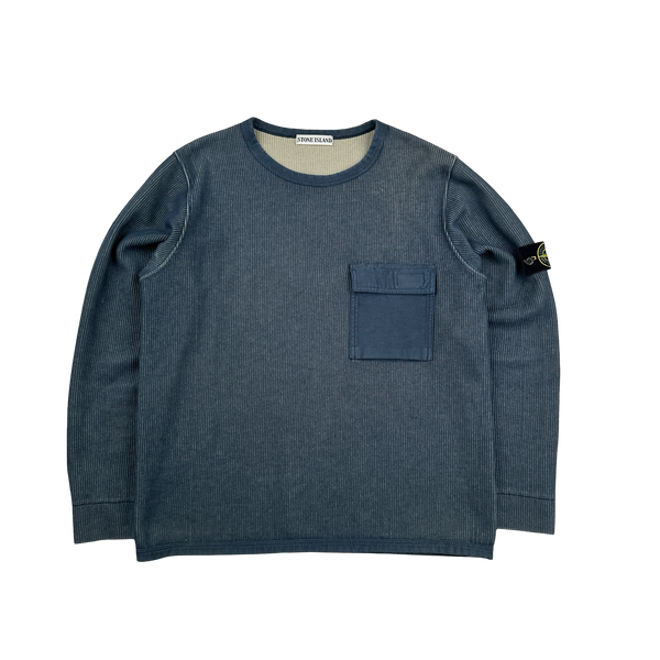 Stone Island Vintage 2000s Blue Ribbed Cotton Blend Pullover Jumper - Large