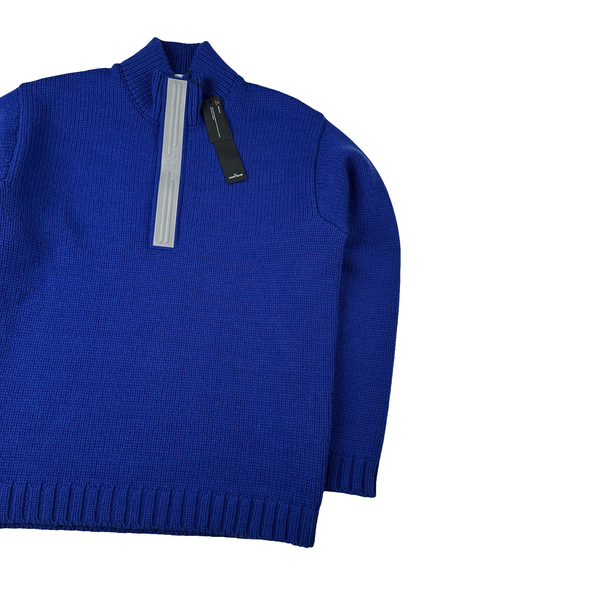 Stone Island 2025 Marina Blue Quarter Zip Pure Wool Knit Spellout Jumper - Large