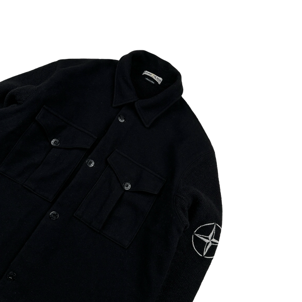 Stone Island 90s Black Wool Collared Buttoned Knit Compass Jumper - Large