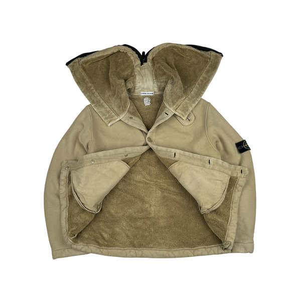 Stone Island 1999 Beige Butterfly Hood Fleece Lined Vintage Buttoned Jumper - XL