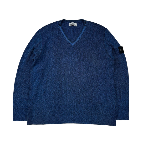 Stone Island 2014 Blue Marl Knit V-Neck Jumper - 3XL