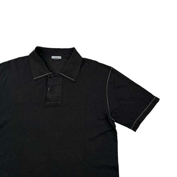 Stone Island 2004 Black Contrast Stitch Laser Cut Spellout Cotton Polo Shirt - XL