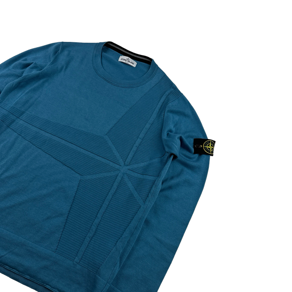 Stone Island 2013 Blue Compass Embossed Knit Cotton Jumper - Large