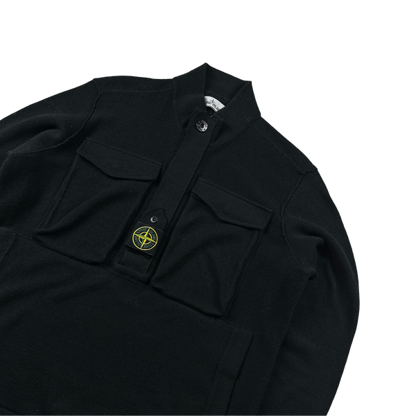 Stone Island 2021 Black Ribbbed Knit Centre Badge Zipped Jumper - Large