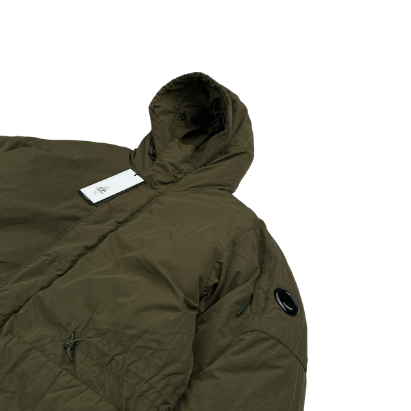 CP Company Khaki Flatt Nylon Extractable Down Filled Lens Viewer Long Puffer Jacket - Large