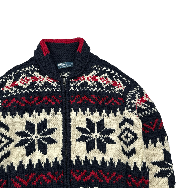 Ralph Lauren Wool Cable Knit Zipped Folk Style Flag Jumper - Medium