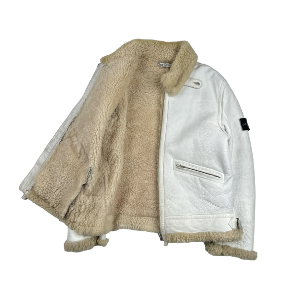 Stone Island 2005 White Hand Painted Lambskin Leather Thick Shearling Jacket - XL