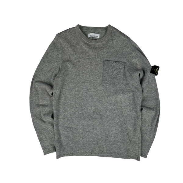 Stone Island 2018 Grey Wool Chest Pocket Crewneck Jumper - Medium