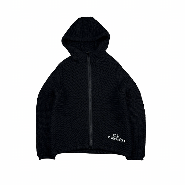 CP Company Black Heavyweight 100% Wool Handmade Knitted Zipped Hoodie - Medium
