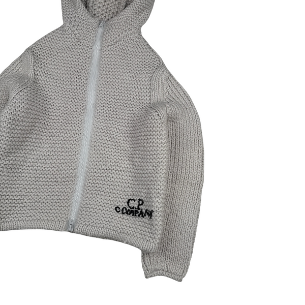 CP Company Grey Heavyweight 100% Wool Handmade Knitted Zipped Hoodie - Large