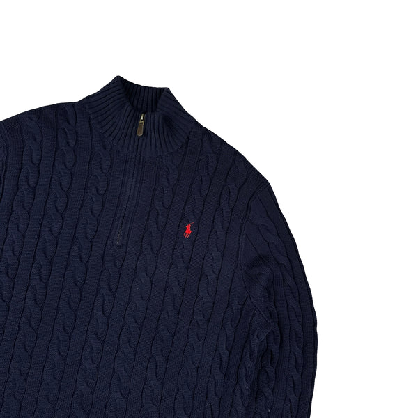 Ralph Lauren Navy Cotton Cable Knit Quarter Zip Jumper - XL