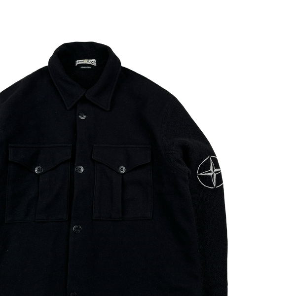 Stone Island 90s Black Wool Collared Buttoned Knit Compass Jumper - Large
