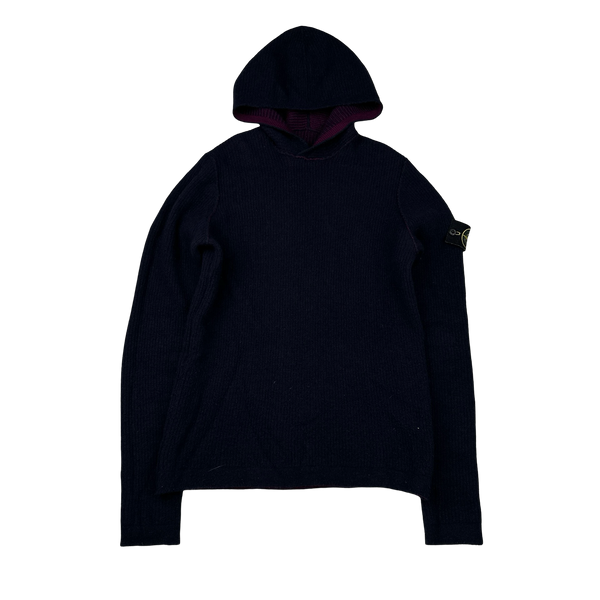 Stone Island Reversible Purple/Navy Contrast Knit Hoodie - Small