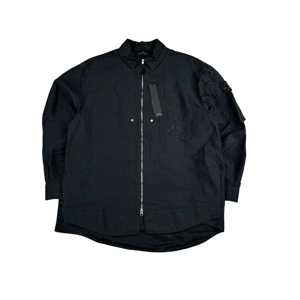 Stone Island 2023 Shadow Project Black Zipped Mesh Spellout Overshirt - Large