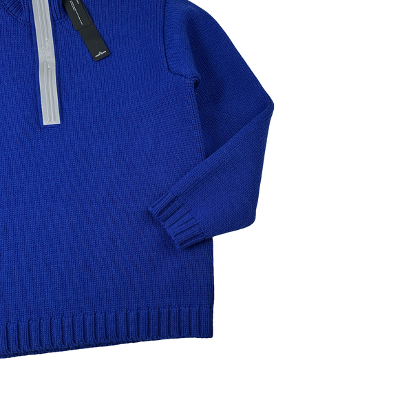 Stone Island 2025 Marina Blue Quarter Zip Pure Wool Knit Spellout Jumper - Large