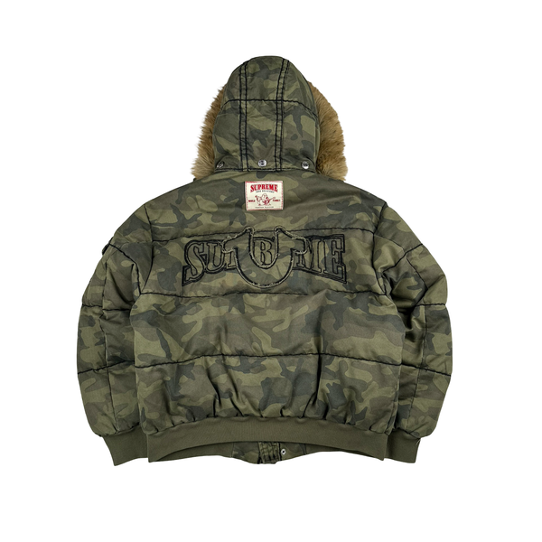 Supreme X True Religion Green Camo Contrast Stitch Pocket Puffer Fur Hood Jacket - Large