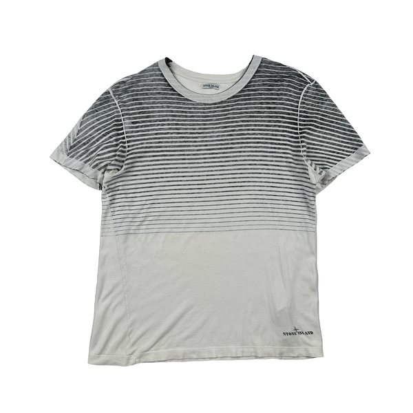 Stone Island 2009 Grey Striped Gradient Spellout T Shirt - Large