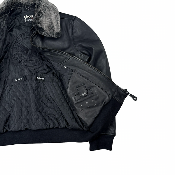 Schott Black Leather Shearling Collar Jacket - Large
