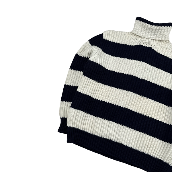 Paul & Shark Navy White Stripped High Neck Wool Blend Jumper - Large