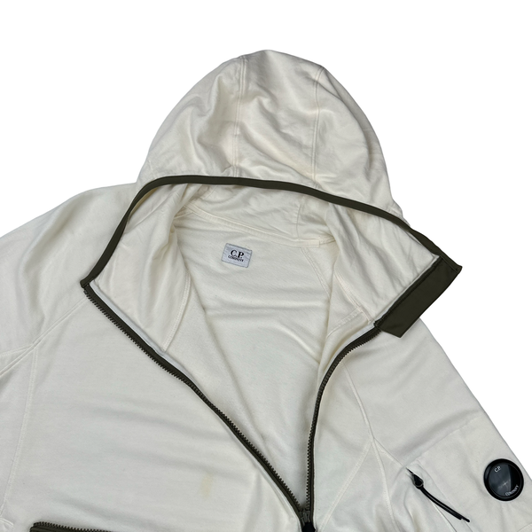 CP Company Cream/Green Asymmetrical Lens Viewer Zip Up Hoodie - Large