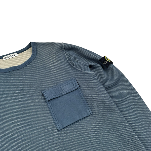 Stone Island Vintage 2000s Blue Ribbed Cotton Blend Pullover Jumper - Large