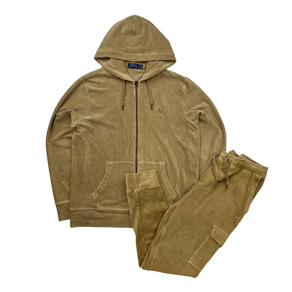 Womens Ralph Lauren Beige Corduroy Zipped Hoodie Tracksuit Set - Medium
