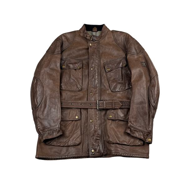 Belstaff Brown Multi Pocket Field Leather Zipped Heavyweight Jacket - XL