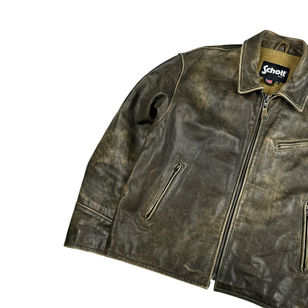 Schott Brown Cowhie Cuir Vachette Leather Zipped Collar Jacket - XXL