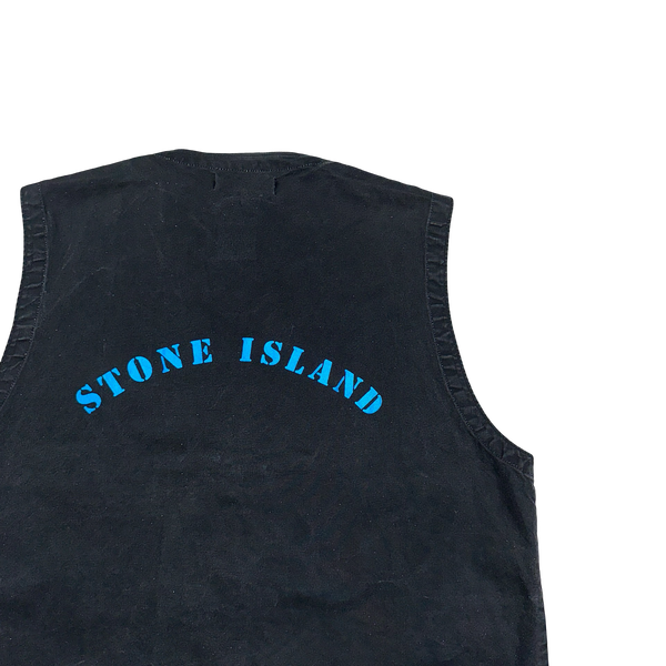 Stone Island 80s Vintage Blue Reflective Spellout Denim Vest - Medium