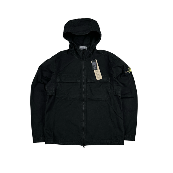Stone Island 2024 Black Brushed Cotton Hooded Overshirt - Small