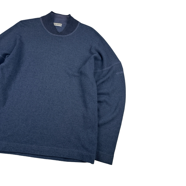 Stone Island 1987 Navy Knitted Wool Blend Spellout Vintage Pullover - Large