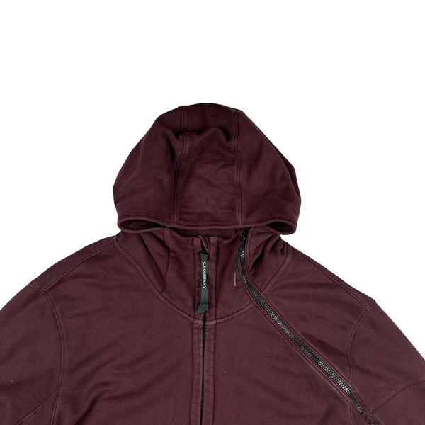 CP Company Burgundy Hooded Diagonal Zipped Cotton Lens View Zip Up - XXL