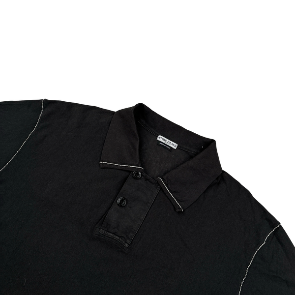 Stone Island 2004 Black Contrast Stitch Laser Cut Spellout Cotton Polo Shirt - XL