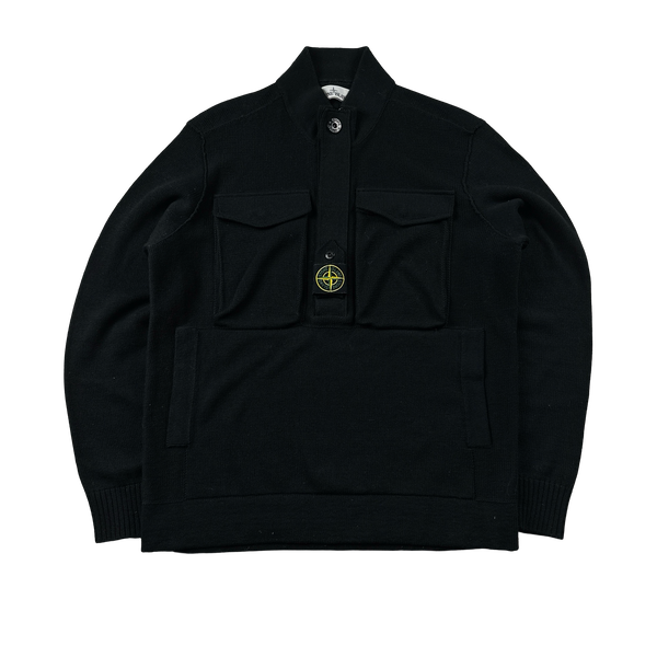 Stone Island 2021 Black Ribbbed Knit Centre Badge Zipped Jumper - Large