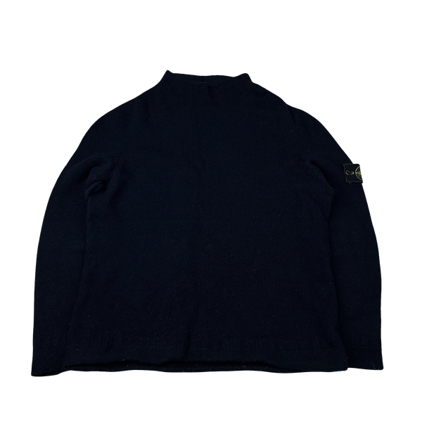 Stone Island 2002 Vintage High Neck Navy Wool Jumper - XXL