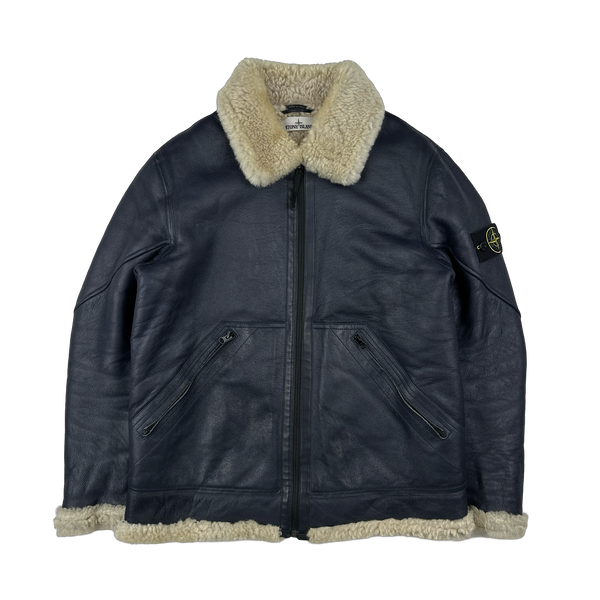 Stone Island 2014 Navy Hand Painted Leather Sheepskin Shearling Jacket - XL