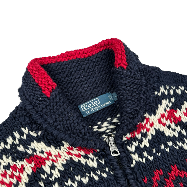 Ralph Lauren Wool Cable Knit Zipped Folk Style Flag Jumper - Medium