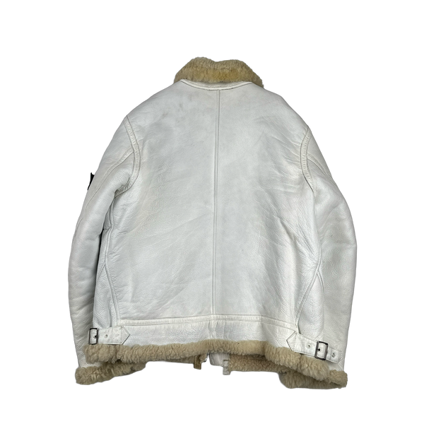 Stone Island 2005 White Hand Painted Lambskin Leather Thick Shearling Jacket - XL