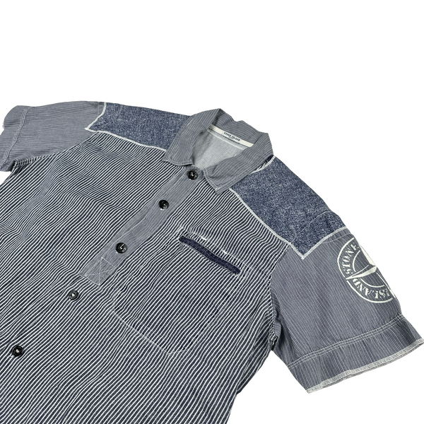 Stone Island 2009 Blue Pin Striped Linen Panelled Short Sleeve Shirt - XXL